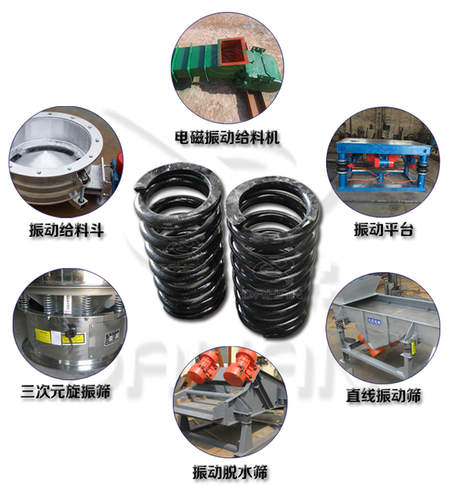 旋振篩減震彈簧適用產(chǎn)品：振動(dòng)給料機(jī)，電磁振動(dòng)給料機(jī)，振動(dòng)平臺(tái)，直線(xiàn)振動(dòng)篩，振動(dòng)脫水篩，三次元旋振篩。